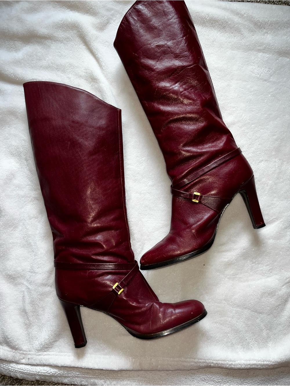 Women's Cherry Red Genuine Leather High-Heel Knee Boots